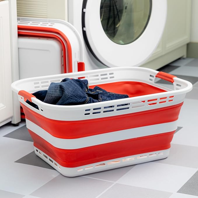 SAMMART 42L (11 gallons) Collapsible Plastic Laundry Basket - Portable Pop Up Storage Container/Organizer - Portable Hamper - Space Saving Easy Storage (White/Viva Magenta [BPA Free] (Set of 2)) - Image 7