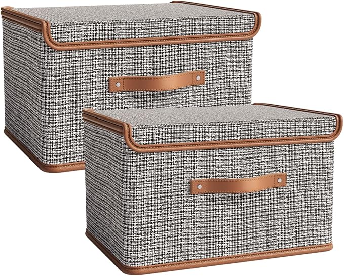 Tuza 2 Pack Storage Bins with Lids, Collapsible Closet Organizer Container, Fabric Organizer Box with Handles, Decorative Storage Boxes with Lids for Organizing Clothes, Blanket, Light Grey, Medium by LOVEWHEREYOULIVE