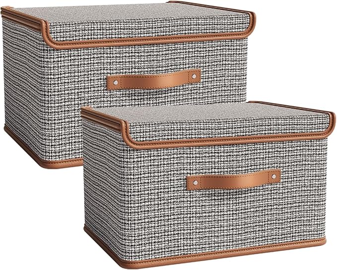 Tuza 2 Pack Storage Bins with Lids, Collapsible Closet Organizer Container, Fabric Organizer Box with Handles, Decorative Storage Boxes with Lids for Organizing Clothes, Sheet, Light Grey, Extra Large by LOVEWHEREYOULIVE