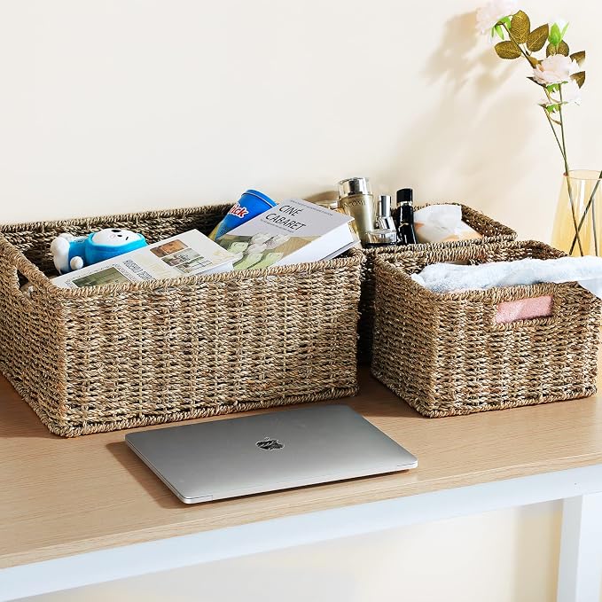 HOONEX Large Wicker Baskets for Storage, Seagrass Baskets with Dual Handles, Woven Baskets for Storage, Set of 3, Natural - Image 6