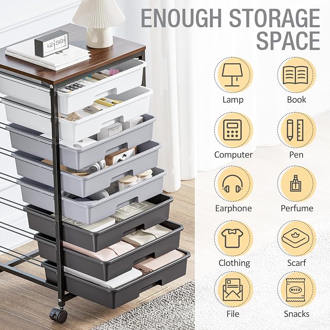 Rolling Storage Cart with 8 Drawers, Utility Cart on Wheels with Wooden Tabletop, Utility Cart for Teacher Storage, Office Organizer, Classroom Storage Cart, Craft Storage, Grey | Utility Cart on Wheels with Wooden Tabletop,Teacher Organization for Cla... - Image 8