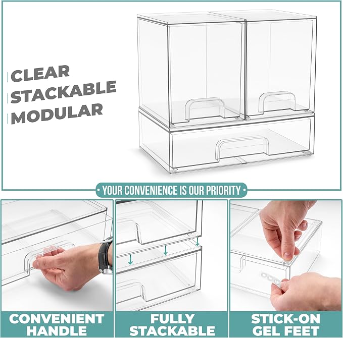 Sorbus Clear Stackable Storage Drawers (3 Pack, 7.6'' Tall and 12.1'' Wide) | Acrylic containers with pull-out bins keep cosmetics, brushes and daily items sorted on bathroom counters or in cabinets. - Image 5