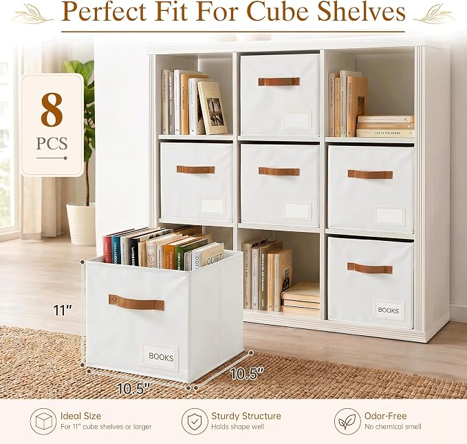 Storage Cubes 8 Pack, 11 Inch Fabric Storage Cubes Organizer Bins with Labels, Odor-Free & Sturdy PP Structure, Cubby Baskets for Closet, Shelves, Toys & Nursery (White) - Image 2