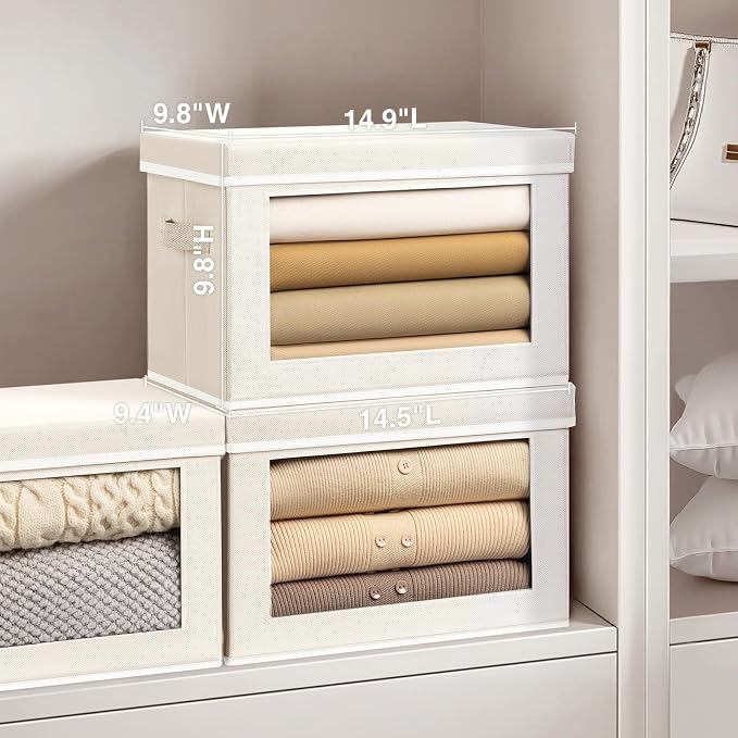 Fabric Storage Bins with Lids, Storage Cubes with Window, Decorative Storage Boxes Baskets for Organizing, Closet Organizer Storage Bins for Home, Office, 3 Packs, Beige - Image 2
