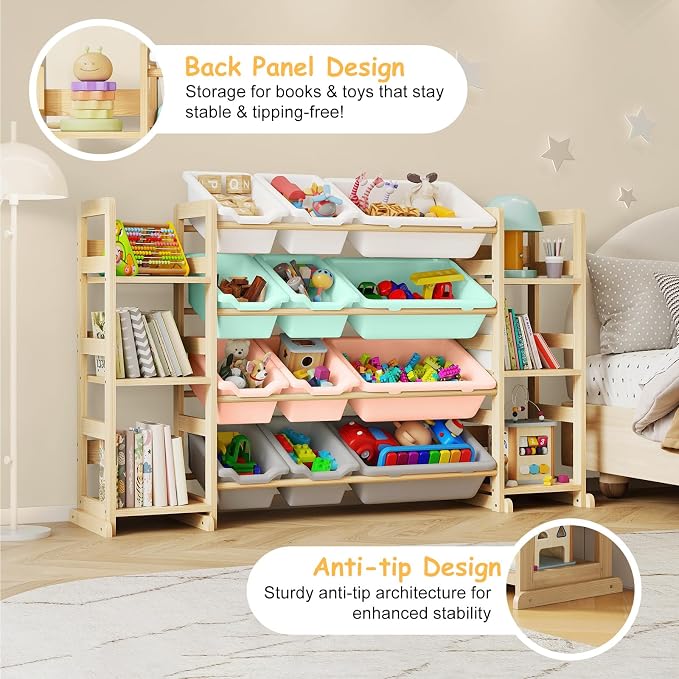 EXPERLAM Extra Large Toy Storage - Toy Storage Organizer, Wooden Toy Organizer with 6 Side Shelves and 12 Bins, 3-in-1 Bookshelf for Kids Rooms, Playroom, Nursery, Multi Color - Image 4