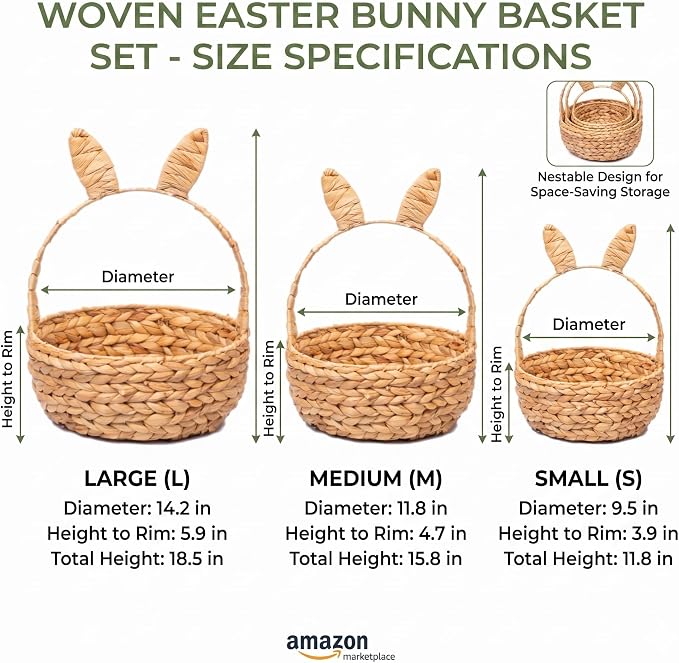 NAYA Set of 3 (14.2",11.8"&9.5") Kids Water Hyacinth Storage Baskets | Handwoven water hyacinth basket design for toys, books and nursery organization. - Image 3
