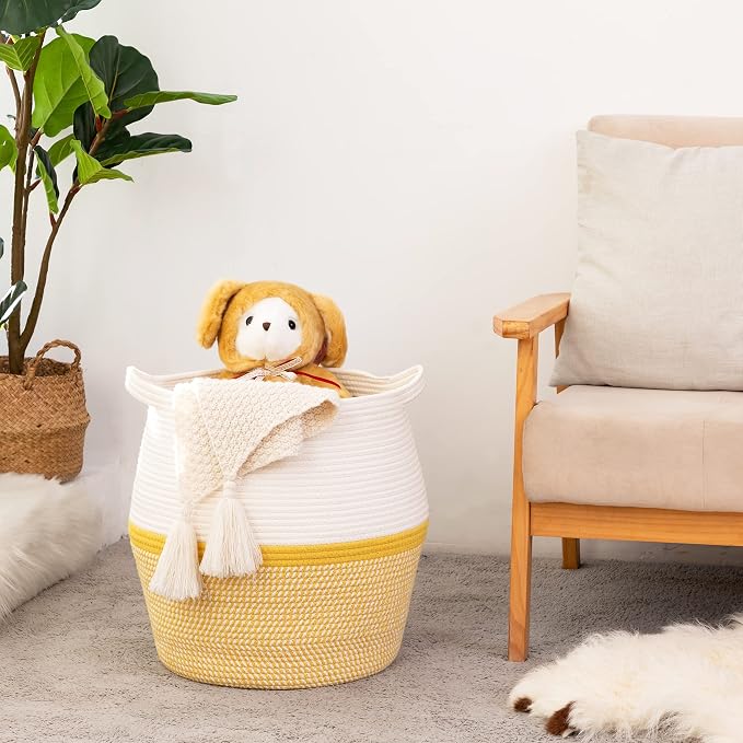 KAKAMAY Woven Baskets for Storage(17"x17"),Large Cotton Rope Woven Baby Laundry Hamper,Collapsible Laundry Basket, Blanket Basket for Organizing Living Room,Nursery,Pillows,Toy Chest(Yellow) - Image 5