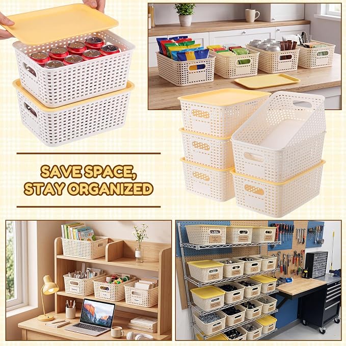 12 Pack Plastic Storage Baskets with Lids Stackable Organizing Bins Storage Baskets Organizers and Containers for Closet, Pantry, Office, 10.2 x 7.2 x 4.1 Inches(Cream White) - Image 6