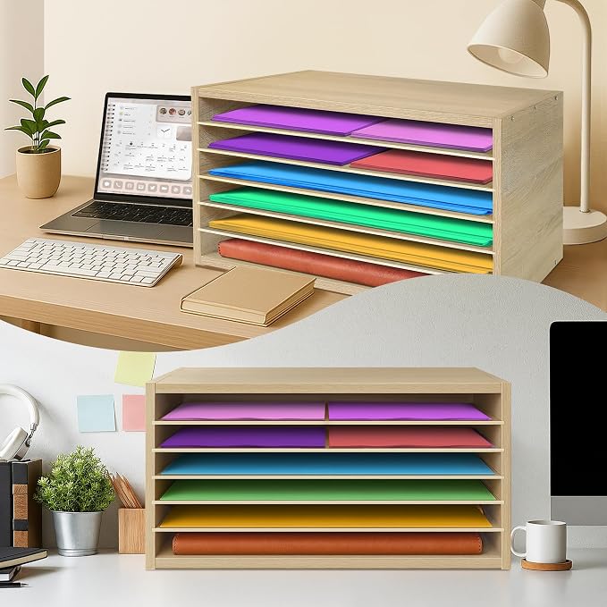 Construction Paper Organizer 20" x 13.5" x12.2",Soild Wooden Paper Organizer with 6-Tier Letter Trays, Desktop File Papers Sorter for Home, Classroom and Office (White Oak) - Image 5