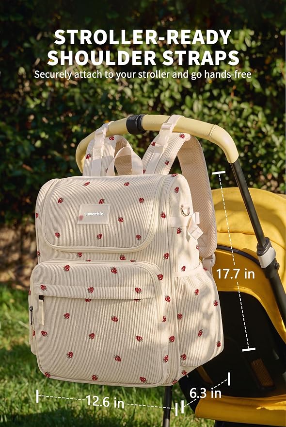 Large Corduroy Diaper Bag Backpack for Mom, 25L Baby Travel Bag with Insulated Bottle Pockets, 40oz Side Strap & Stroller-Ready Straps - Image 6