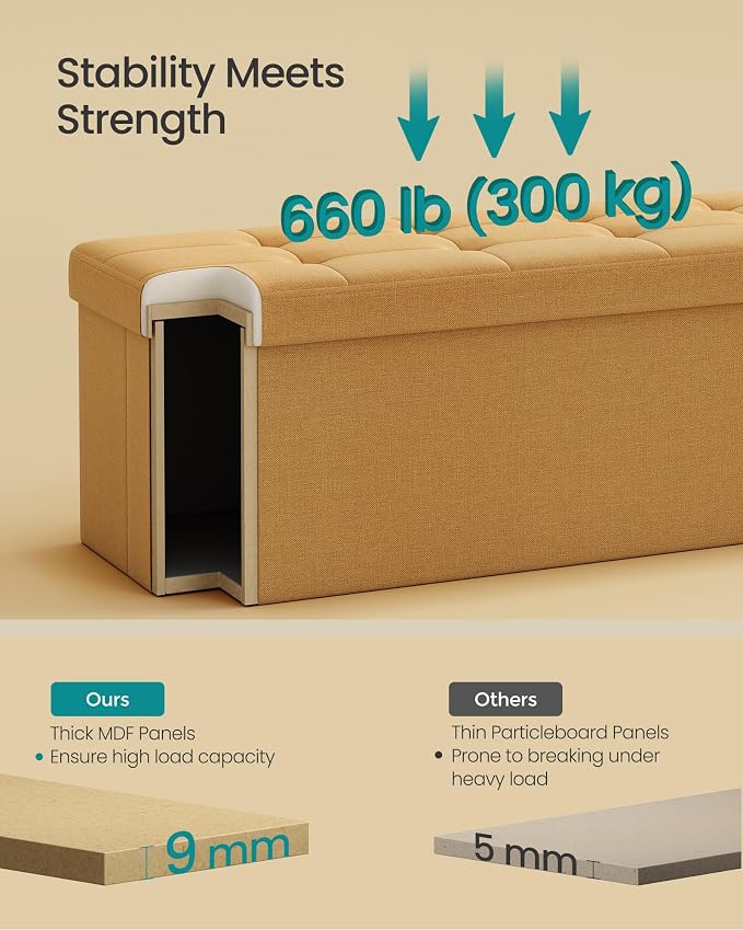 SONGMICS Mazie Collection - Storage Ottoman Bench, 43 Inches Folding Foot Rest Stool, End of Bed Bench, Easy Assembly, for Living Room, Bedroom, Entryway, Ginger ULSF077K04 - Image 5