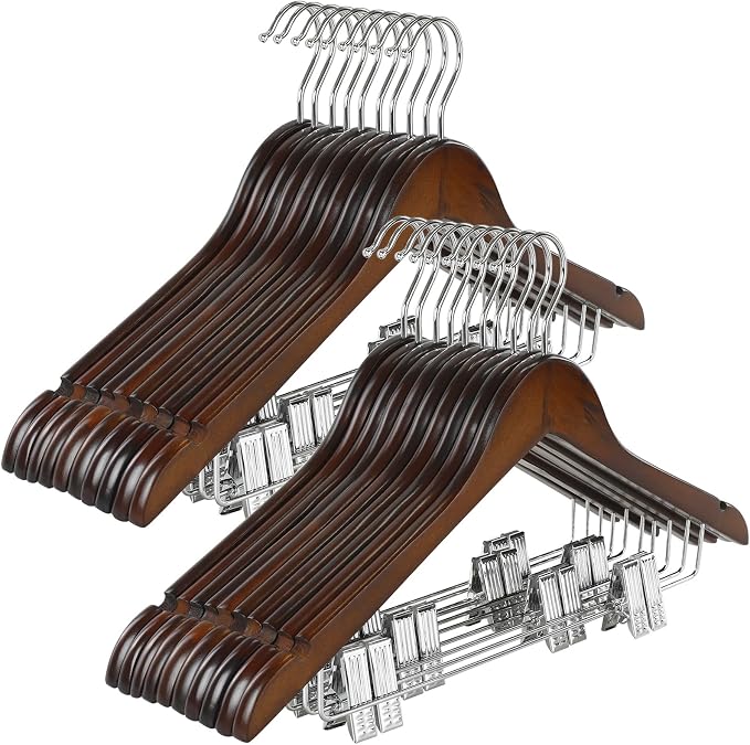 TOPIA HANGER Wooden Suit Hangers with Adjustable Metal Clips (20 Pack), Solid Wood Clothes Hangers, 360° Swivel Hook, Premium Retro Finish Pants Hangers for Clothes Coat, Jeans, Blouse-CT28A20 by TOPIAHANGER