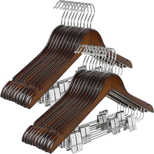 TOPIA HANGER Wooden Suit Hangers with Adjustable Metal Clips (20 Pack), Solid Wood Clothes Hangers, 360° Swivel Hook, Premium Retro Finish Pants Hangers for Clothes Coat, Jeans, Blouse-CT28A20 by TOPIAHANGER
