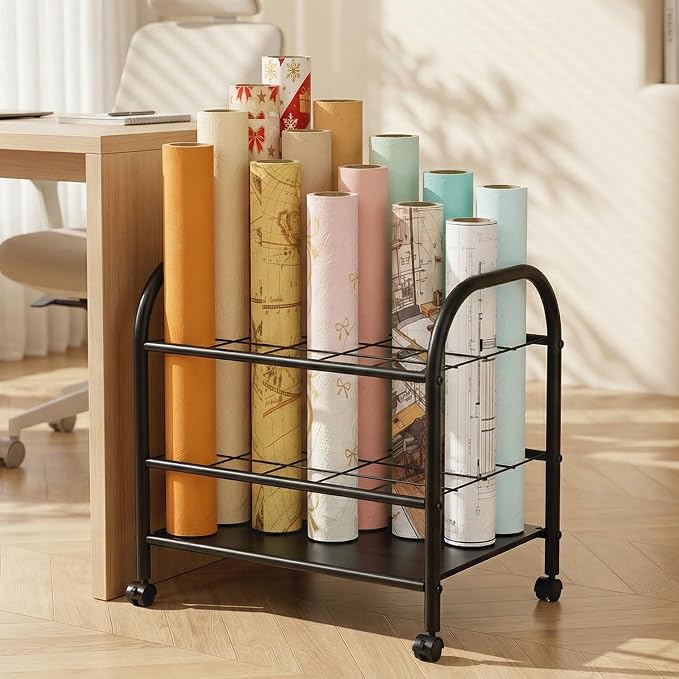 Blueprint Storage Holder with Wheels – 20-Slot Metal Roll File Rack with Silent Casters & Brakes for Blueprints, Wrapping Paper, Posters, Maps – Mobile File Cart for Office & Home (Black) - Image 8
