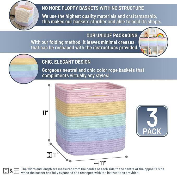 NaturalCozy Storage Cubes 11 Inch Cotton Rope Woven Baskets for Organizing, 3-Pack | Cube Storage Bin | Square Storage Baskets for Shelves Organizer, Classroom, Kids Toy Bins, Closet, Baby Nursery - Image 2