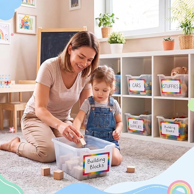 Funrous 6 Pack Plastic Cubby Bins for Classroom, Stackable Storage Bins with Rainbow Labels and Handles Cubby Organizer Containers for Teacher Supplies Home Office Daycare and Playroom (Bright) - Image 4