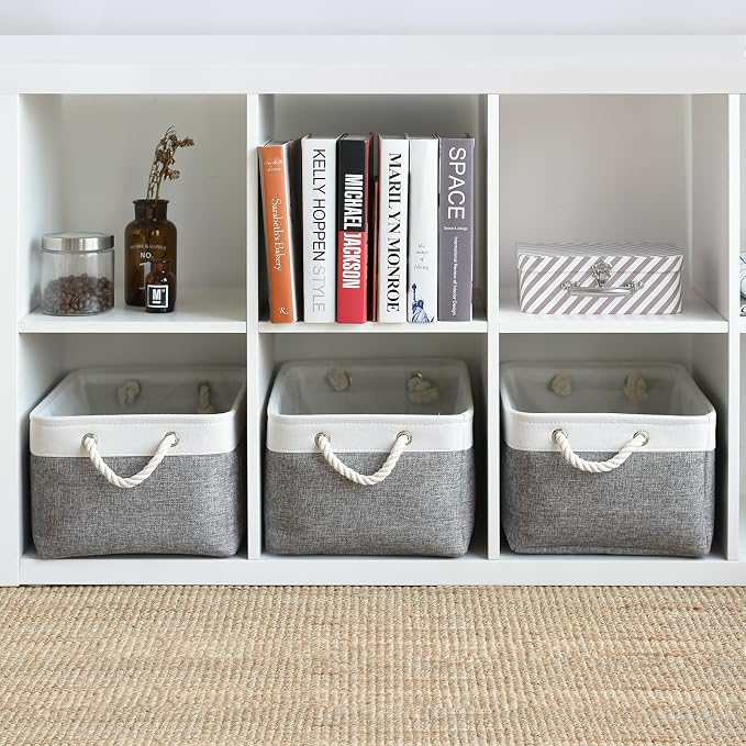 Storage Basket for Organizing - 15.7x11.8x8.2 inch Large 3 Pack Collapsible Storage Bins for Shelves, Fabric Storage Cubes for Gift Closet Linen Organization (White & Grey) - Image 4