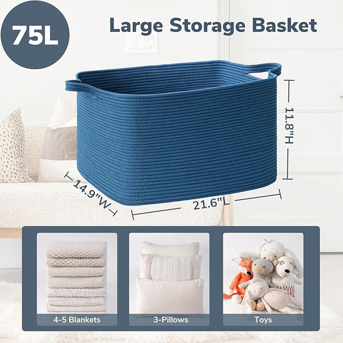 Goodpick Large Woven Rope Blanket Basket, Rectangle, Dark Blue | 21.6'' x 14.9'' x 11.8'' Storage Basket for Blankets & Toys, Living Room, Bedroom & Nursery Organization, Reinforced Handles - Image 3
