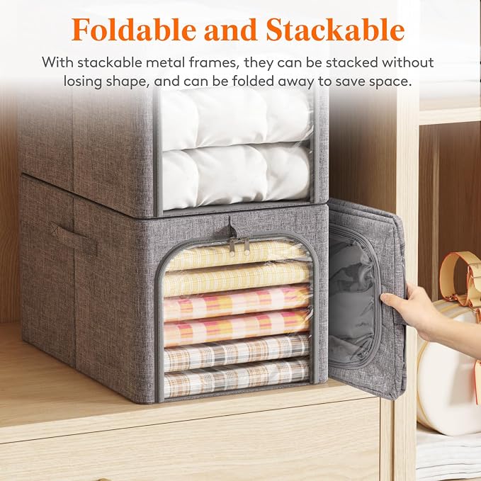 Lifewit Clothes Storage Bins with Metal Frame 4 Pack, Fabric Stackable Storage Bags with Lids, Zipper, Foldable Clost Organizers Containers for Clothing, Blanket, Winter Cloth, 40L - Image 2