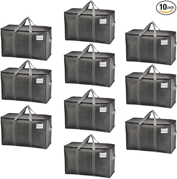 VENO 10 Pack Heavy Duty Moving Bags, Extra Large Storage Bags with Reinforced Handles & Strong Zippers, Foldable & Reusable Moving Box Alternative for Clothes & Dorm Storage by Veno