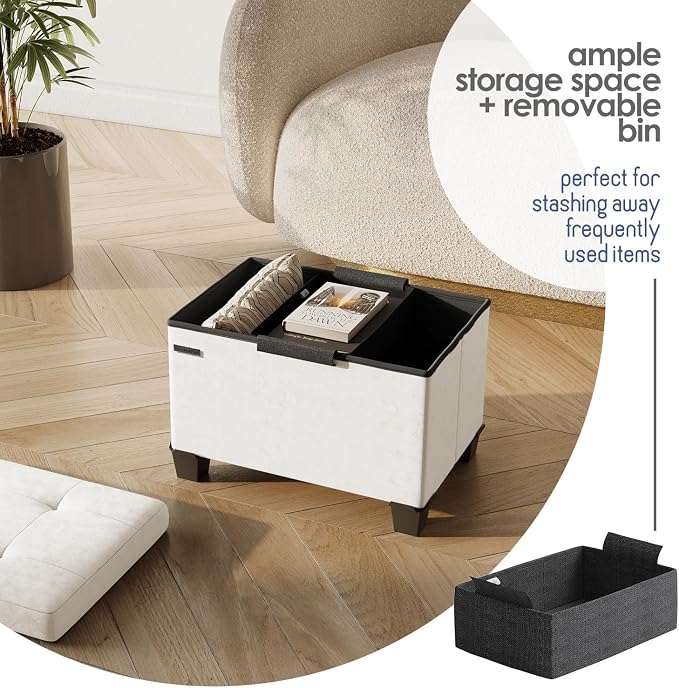 Storage Ottoman Cube with Small Bin, 16-in Square Ottoman with Storage for Living Room and Bedroom, Small Ottomans Foot Rest, Velvet Foot Stools Ottomans Max 330lbs, Cream - Image 3
