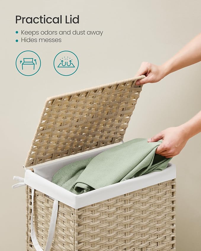 SONGMICS Laundry Hamper with Lid, 23.8 Gallon (90L) Synthetic Rattan Clothes Laundry Basket with Lid and Handles, Foldable, Removable Liner, Summer Sand ULCB051LZ01 - Image 3