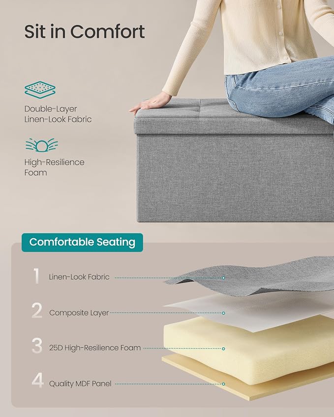 SONGMICS MAZIE Collection - 43 Inches Folding Storage Ottoman Bench, Ottoman Foot Rest, End of Bed Bench, Storage Chest, Load 660 lb, for Living Room, Bedroom, Entryway, Light Gray ULSF77G - Image 6