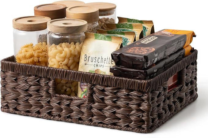 GRANNY SAYS Wicker Storage Baskets for Shelves, Brown Pantry Basket, 1-Pack | Waterproof Wicker Baskets for Organizing, Plastic Pantry Baskets for Organizing, Decorative Basket, Woven Baskets for Storage by GRANNYSAYS
