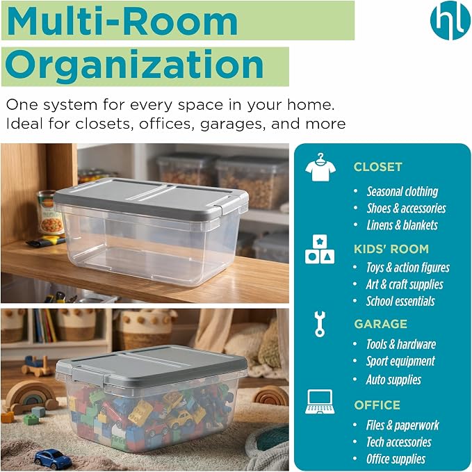 Home Logic 15 Qt Latched Storage Bin with Lid, Stackable Plastic Storage Container, Organizer for Home, Office & Classroom, 8 Pack, Gray - Image 4
