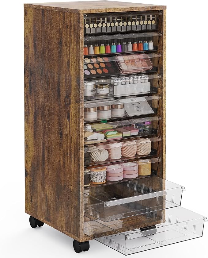 Storage Drawer Cart, Mobile Storage Cabinet, Makeup Storage with 10 Large Clear Drawers, Utility Wooden Rolling Cart on Wheels, for Cosmetic, Art Craft, Office Supplies, Toy, Brown by WOPITUESOfficial
