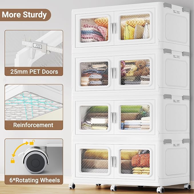 BROVIEW 880 Qt Extra Large Stackable Storage Bin with Lids, 4 Pack White | 220Gal Extra Large, Collapsible Storage Boxes with 4 Lids, Folding& Rolling Plastic Drawer, Heavy-Duty Cabinet Organization - Image 5