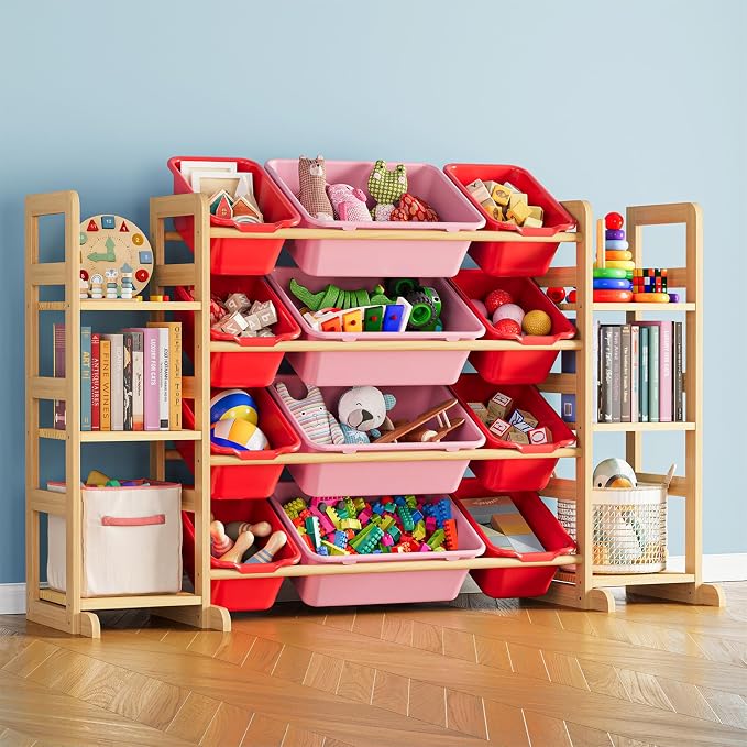 SpaceAid Toy Storage Organizer with 6 Shelves and 12 Bins, Toy Organizers Storage Bookshelf, Kids Bin Shelf Toys Box Bookcase for Bedroom Playroom Organization Room Decor, Red and Pink by SpaceAid