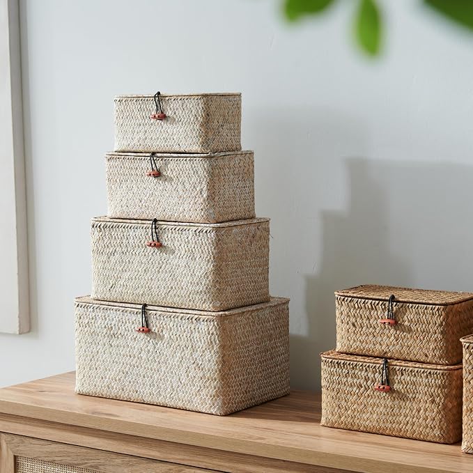 4 Pack, Wicker Baskets with Lids, Natural Seagrass Storage Baskets, Woven Rectangular Basket Bins, Rattan Storage Organizer for Shelf (Whitewashed, Set of 4) - Image 4
