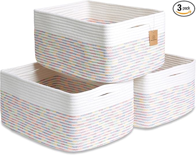 NaturalCozy Storage Baskets 16.8”x13”x7.6” Cotton Rope Woven Baskets for Organizing 3-Pack | Toy Storage Bins | Basket for Shelves, Laundry, Blanket, Clothes, Closet, Kitchen, Bathroom, Gifts by NaturalCozy