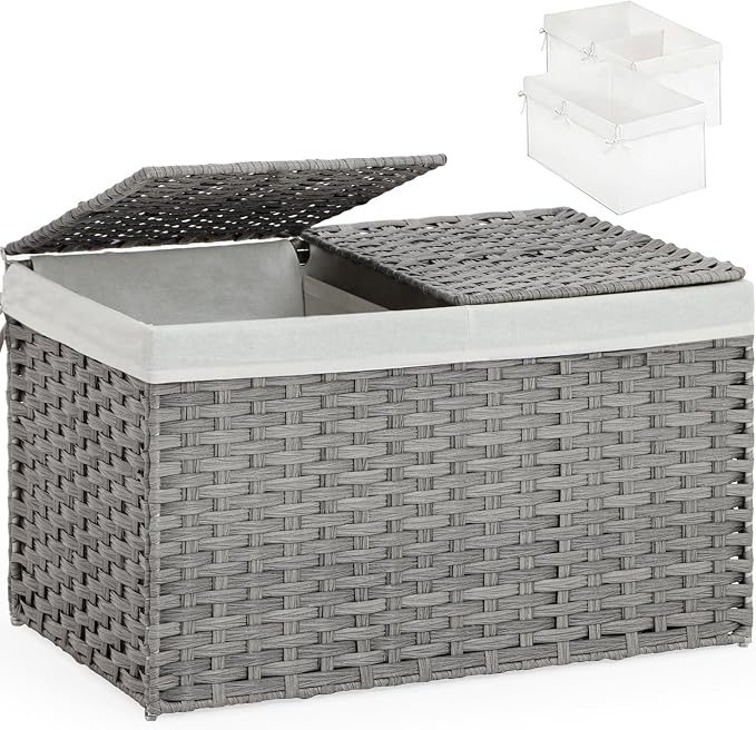 SETVSON Storage Basket with Lid, PE Rattan Woven Storage Bin, Gray | Dual Lid Blanket & Clothes Organizer, Divided Storage Bin, 2 Washable Liner Bags, Collapsible PE Rattan Trunk by SETVSON