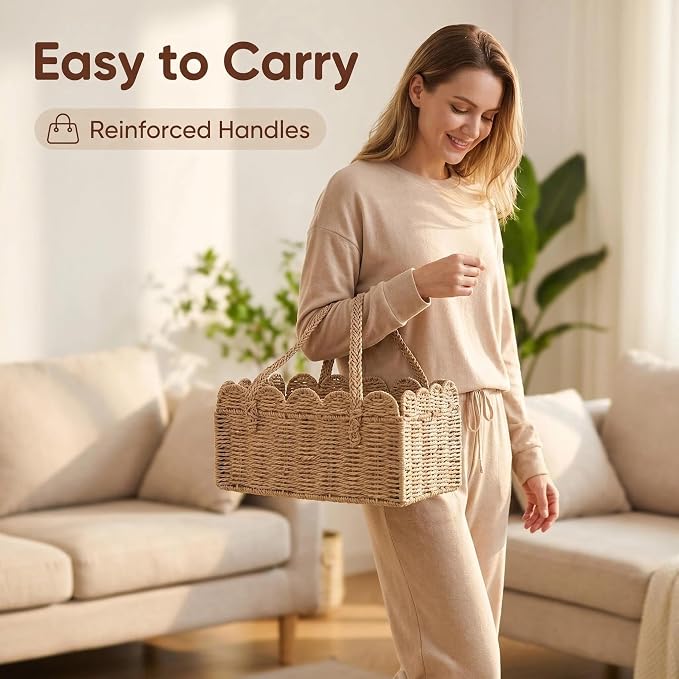 Large Scalloped Paper Rope Diaper Caddy, Nursery Storage Basket with Removable Divider & Handle, Portable Car Organizer for Baby, Newborn Essentials Must Haves - Image 2