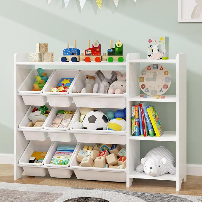 MallBest Kids Toy Storage Organizer with Bins, Solid Pine Wood Frame Toy Storage Cabinet and Kids Bookshelf, 3-Tier Playroom Organizer for Kids Room, Nursery and Bedroom, White by MallBest