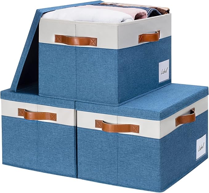 GhvyenntteS Fabric Storage Bins with Lids (3 Pack), Large Closet Storage Baskets with Lid and 3 PU Handles, Foldable Fabric Storage Boxes with Label Window for Home Office (Blue, 15" x 11" x 9.7") by GhvyenntteS