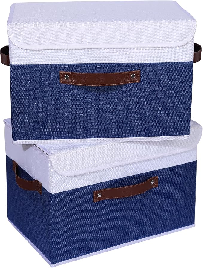 ANMINY Fabric Storage Box Bins with Lids, Blue White, 15"x10"x10", 4 Pack | Keepsake Memory Storage, Cotton Linen, PP Board Reinforced, Washable, PU Handles, Foldable & Stackable, Decorative, Large - Image 8