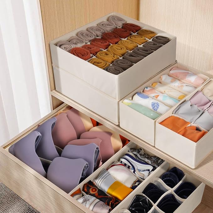 6 Pack Sock Underwear Drawer Organizer Dividers, 58 Cell Foldable Fabric Dresser Closet Organizers and Storage Bins for Clothing, Baby Clothes, Bra, Panty, Scarf, Ties (Beige) - Image 6