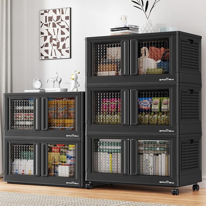 BROVIEW 500Qt Stackable Storage Bins with Lids, 125Gal Closet Organizers and Storage Drawer, Plastic Collapsible Storage Bins with Doors, Heavy Duty Store Box Cabinet for Home Kitchen, 5Pack Black - Image 9