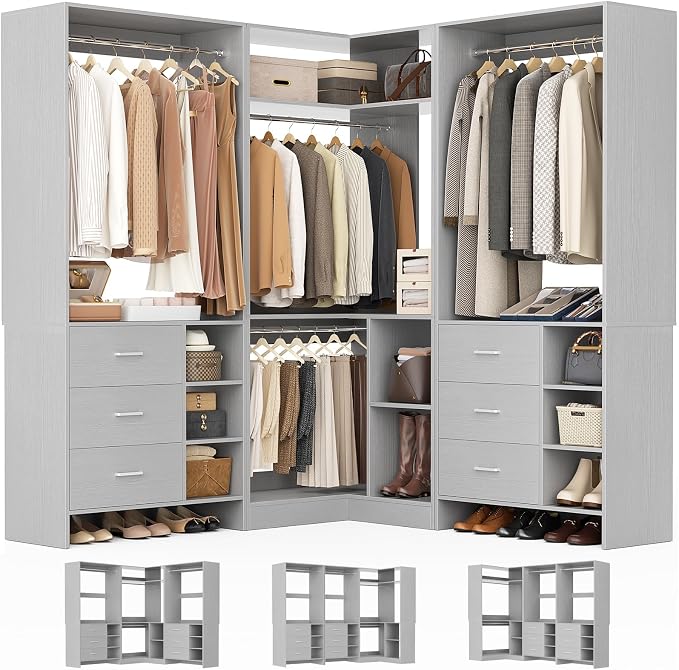 Aheaplus Closet System with 6 Drawers, 4 Hanging Rods & Corner Tower, Corner Closet System with Hanging,92.6" L-Shaped Walk-In Wardrobe Organizer, 2000+ lbs Capacity, Set of 3, Grey by Aheaplus