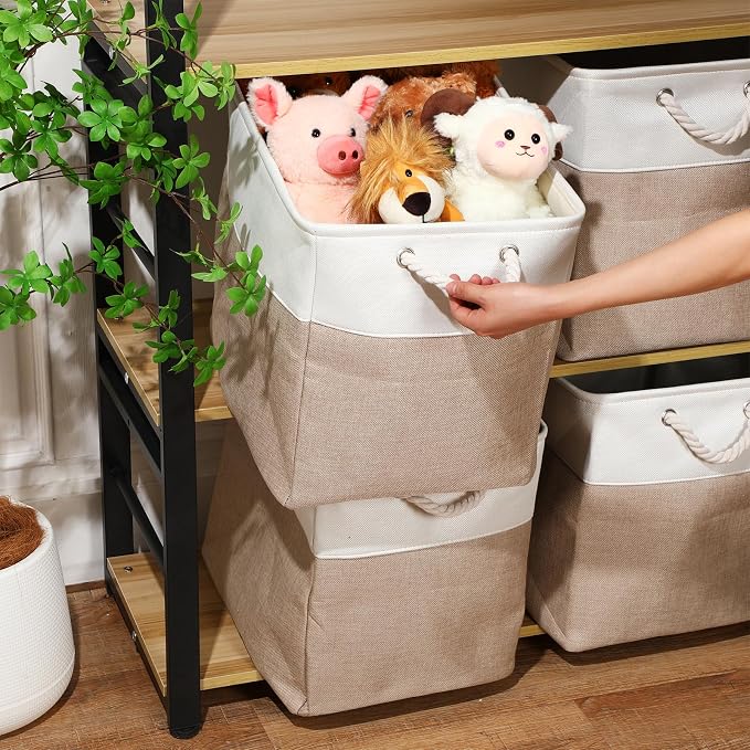 meekoo 8 Pack Collapsible Storage Bins Fabric Storage Bins Polyester Fabric Baskets with Handles Linen Closet Organizer for Shelf Home Closet Towels Toys(17 x 12 x 15 in,Beige) - Image 2