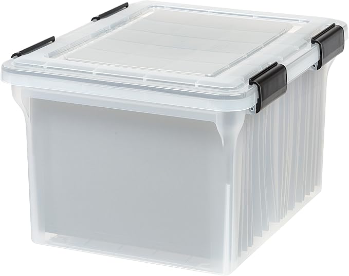 IRIS USA WeatherPro File Box Organizer, Letter/Legal, 32 Qt. Clear | Protect files and paperwork with a durable design featuring secure closure and convenient organization by IRISUSA