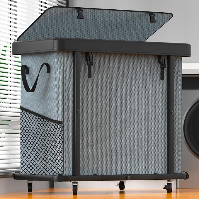 Laundry Basket with Wheels, 230L(60Gal) Laundry Sorter 3 Section - Gray | Leather Patchwork Laundry Hapmer, Sturdy Metal Frame, Removable Washable Bag, Tall Clothes Sorter for Bedroom by Unlockyourhomestoragelife