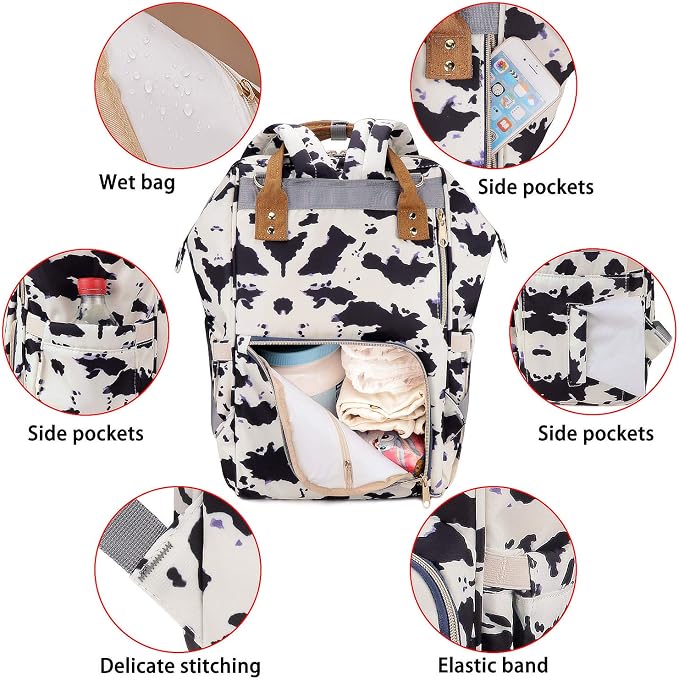 MCWTH Cow Print Diaper Bag Backpack Set for Baby Girls Mom, Large Capacity Multi-Function Nappy Bags Organizer - Image 4