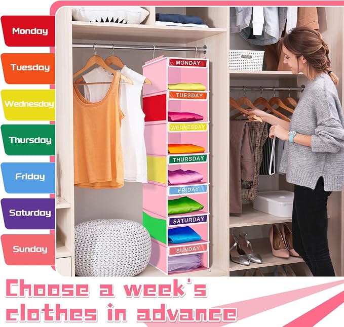 2 Pcs 7 Shelf Weekly Clothes Organizer for Kids Hanging Closet Organizer 11. 8 x 11. 8 x 50 Inches Daily Activity Kids Clothes Storage Drawers Cube Drawers Closet Hanging Shelves(Pink) - Image 6
