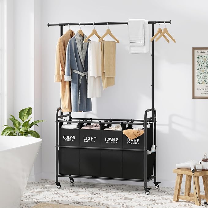 Laundry Sorter with Hanging Bar, 4 Section Laundry Hamper, Black | 52 Gal Laundry Cart with Hanging Rack and Removable Bags, Rolling Laundry Hamper Cart for Laundry Room, Bathroom, Bedroom - Image 8