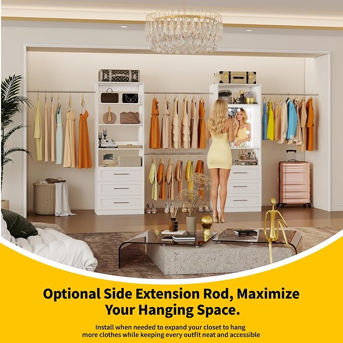 Fastgo Closet System with Drawers, 2FT-9.8FT Hanging Closet Organizer System with 4 Expandable Hanging Rods&Adjustable Shelves, Modular Closet Systems with Light & Mirror, White - Image 5