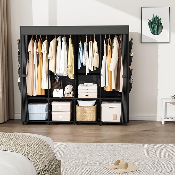 Portable Closet for Hanging Clothes, 67 Inch Wide Portable Wardrobe Closet with Cover, 4 Hanging Rod, Storage Shelves and Side Pockets, Large Free Standing Closet for Bedroom, Black - Image 2